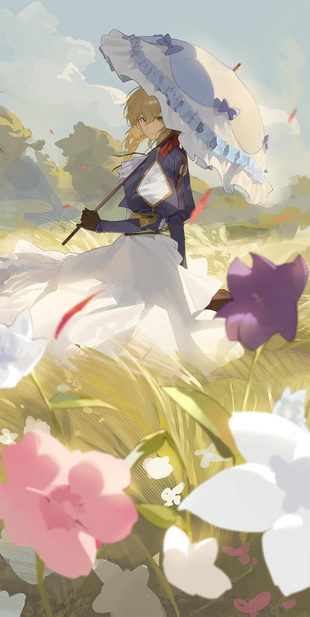 1girl, ascot, blue_jacket, bolo_tie, brown_gloves, clouds, flower, gloves