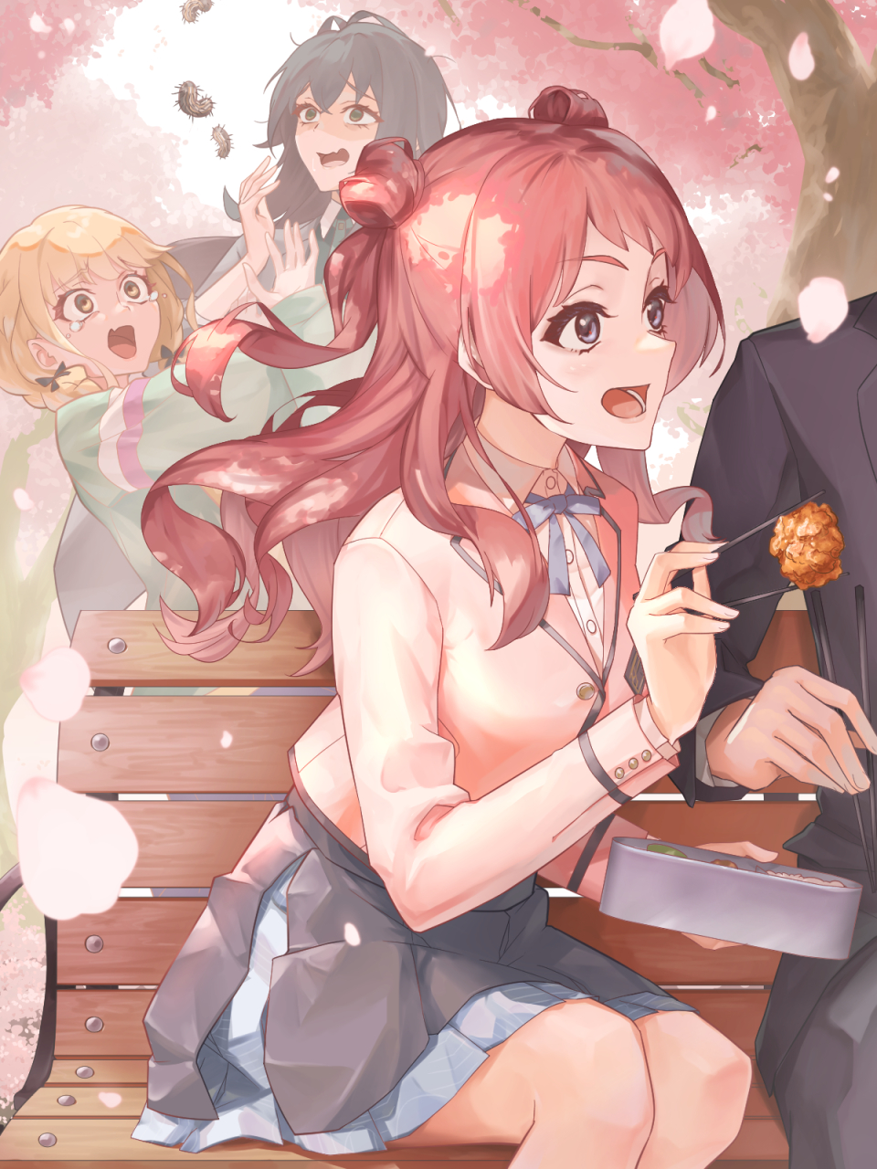 1boy, 3girls, black_overskirt, blazer, blonde_hair, blue_ribbon, blue_skirt, brown_hair