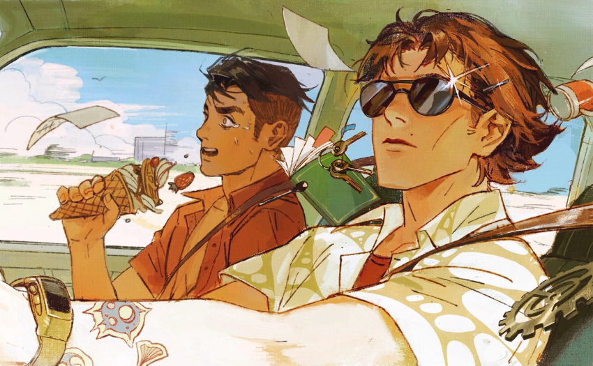 2boys, arcane:_league_of_legends, book, brown_hair, car_interior, collared_shirt, day, food