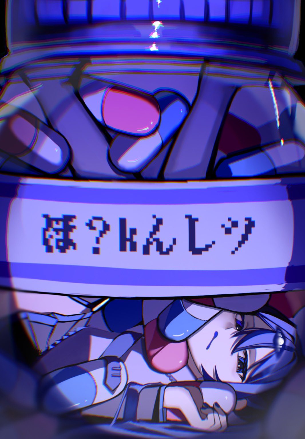 1girl, aqua_hair, blue_eyes, blue_hair, detached_sleeves, drooling, hair_between_eyes, hatsune_miku
