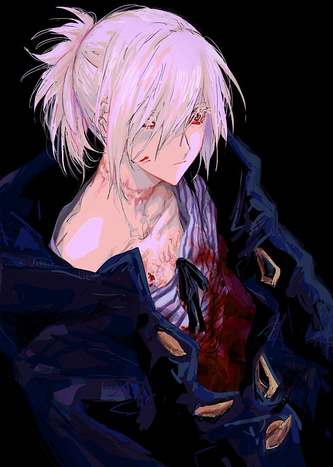 1boy, black_background, blood, blood_on_clothes, blood_on_face, coat, eyeshadow, eyeshadow_under_eye
