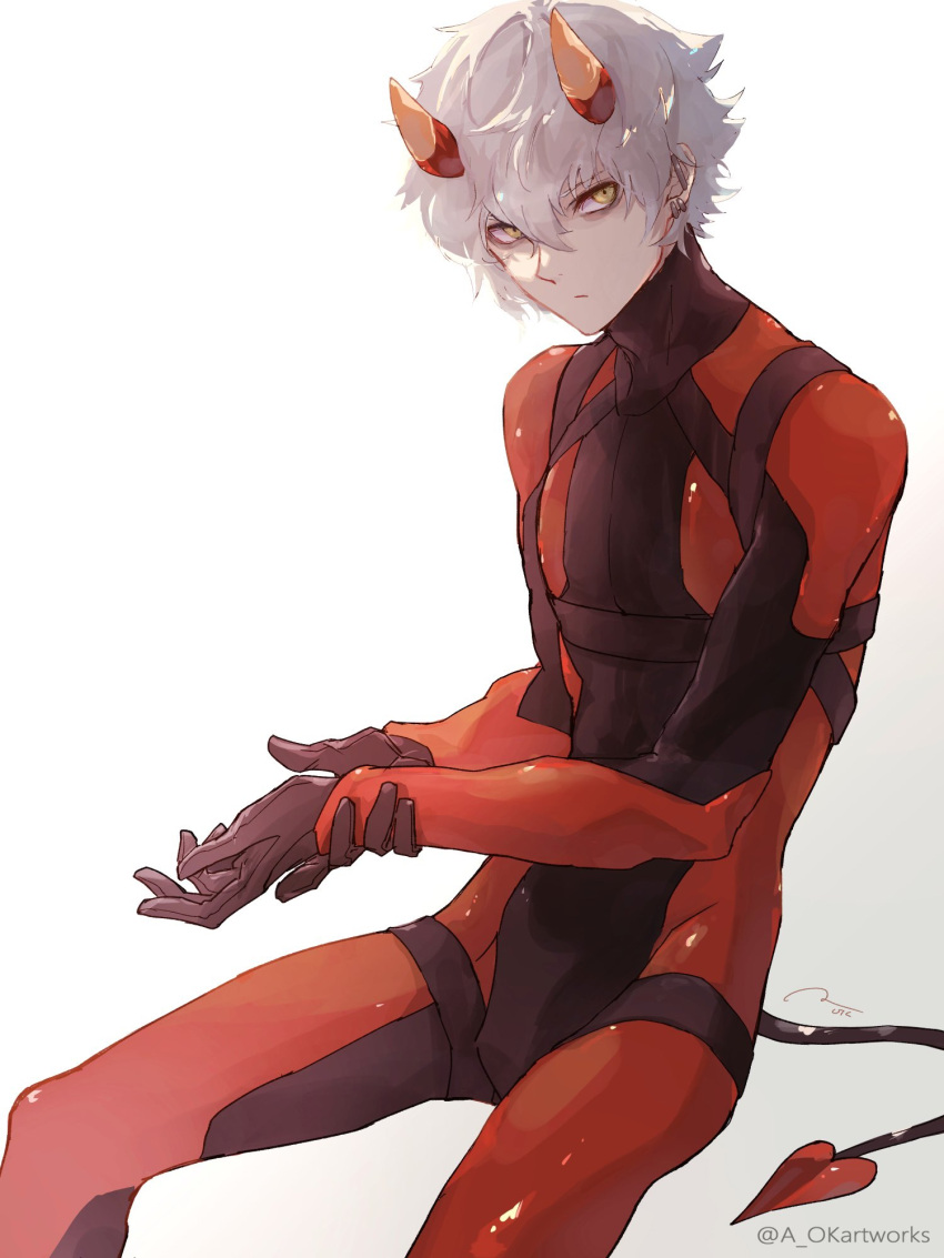 1boy, aopix_001, black_bodysuit, bodysuit, demon_horns, demon_tail, fate/final_journey, fate/grand_order, fate_(series), highres, horns, kadoc_zemlupus, looking_at_viewer, male_focus, red_bodysuit, short_hair, simple_background, sitting, solo, tail, two-tone_bodysuit, white_background, white_hair, yellow_eyes
