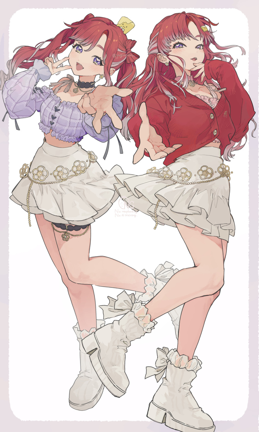 2girls, :d, absurdres, ankle_socks, boots, border, bow-shaped_hair, cardigan