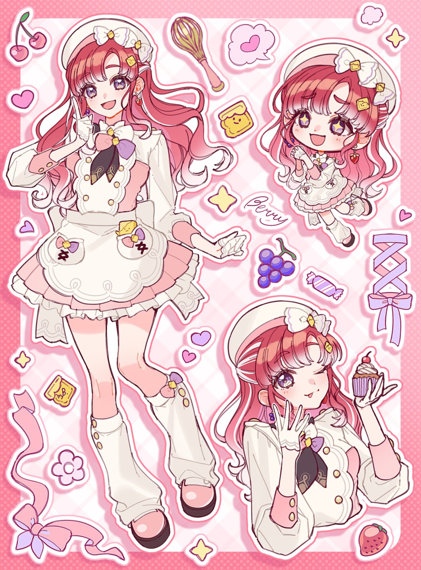 +_+, 1girl, :d, apron, back_bow, beret, border, bow