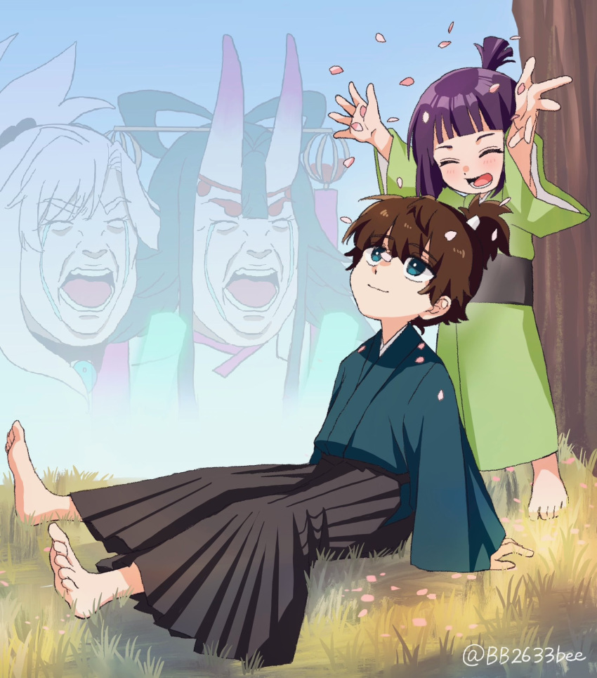 1boy, 3girls, aged_down, barefoot, bb2633bee, blue_eyes, blue_hair, blue_sky