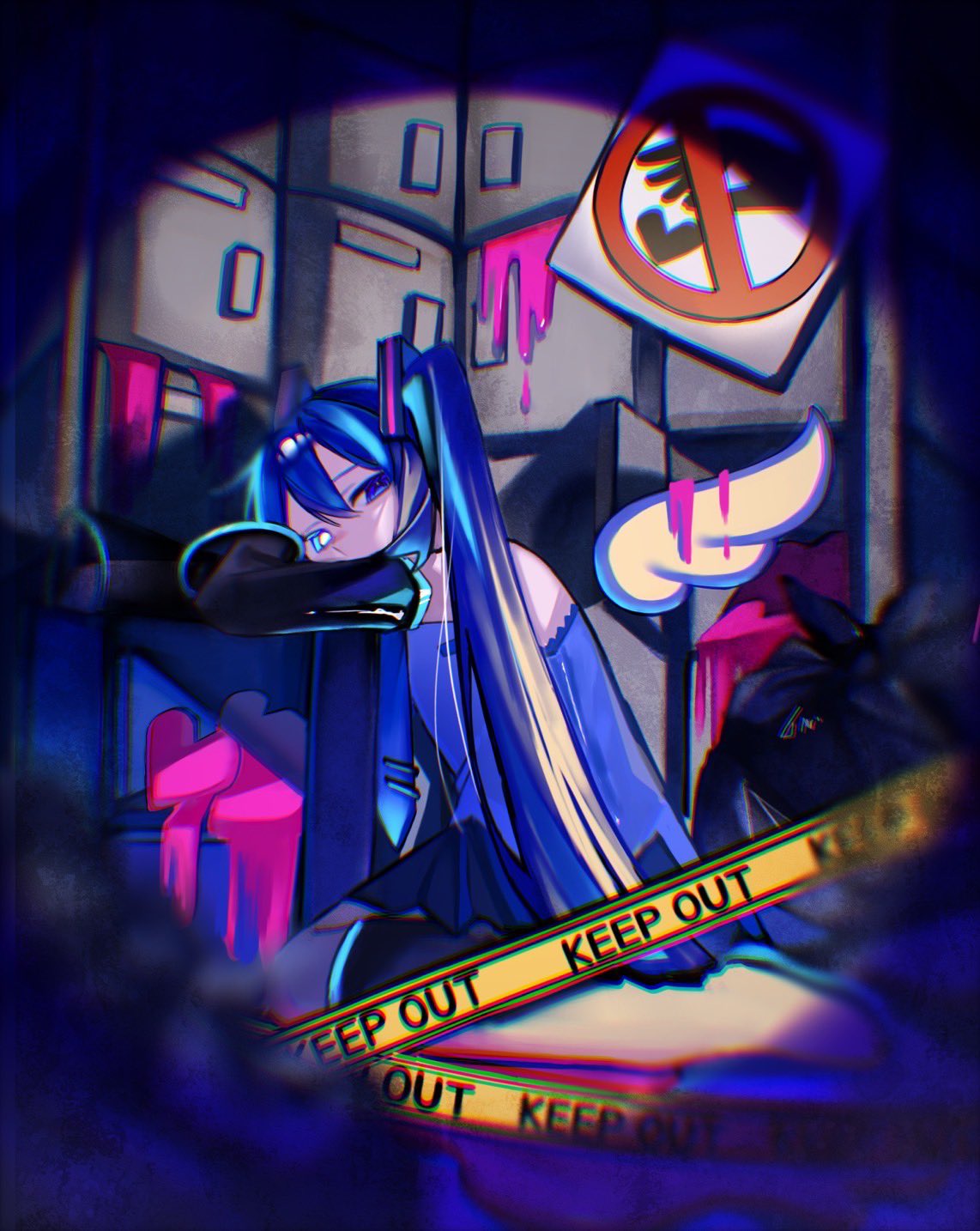 1girl, aqua_eyes, aqua_hair, bare_shoulders, blood, blue_eyes, blue_hair, caution_tape, coin_locker_baby_(vocaloid), covered_mouth, detached_sleeves, hair_between_eyes, hair_ornament, hatsune_miku, heart, highres, long_hair, looking_at_viewer, necktie, nikuta, no_entry_sign, pink_blood, road_sign, shirt, sign, sitting, skirt, solo, spotlight, thigh-highs, twintails, very_long_hair, vocaloid, wariza, wings
