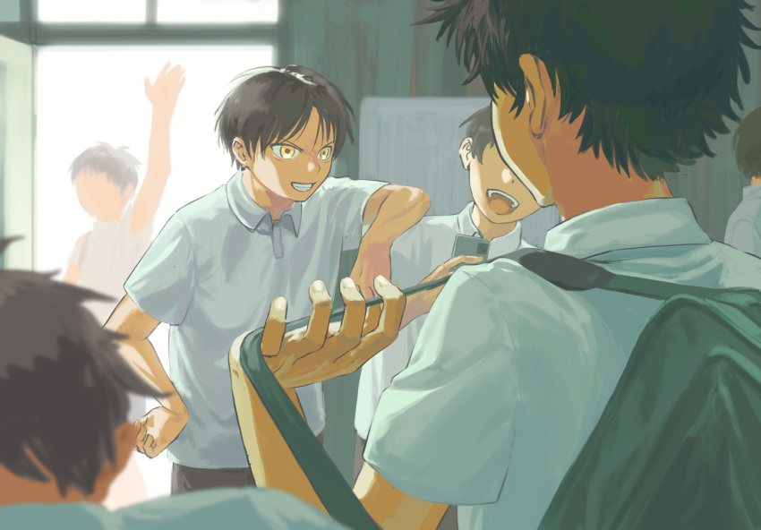 6+boys, aya_(pixiv8488310), backpack, bag, black_hair, day, diamond_no_kouzai, faceless