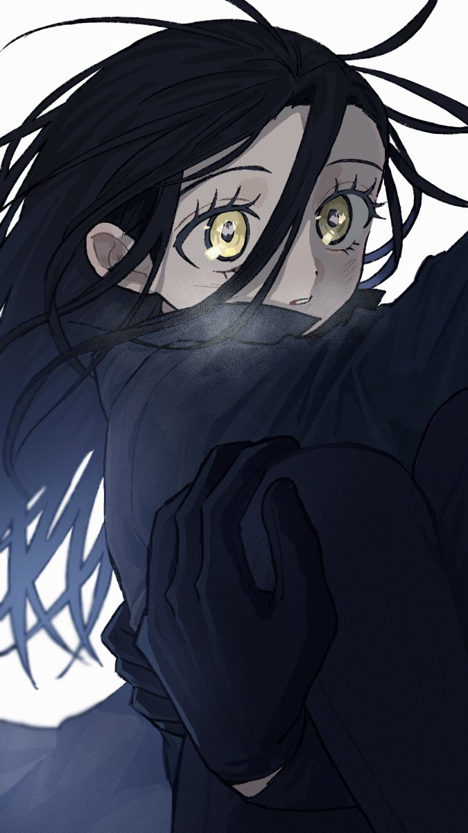 1girl, 1other, black_gloves, black_hair, dot_nose, gloves, hair_between_eyes, highres