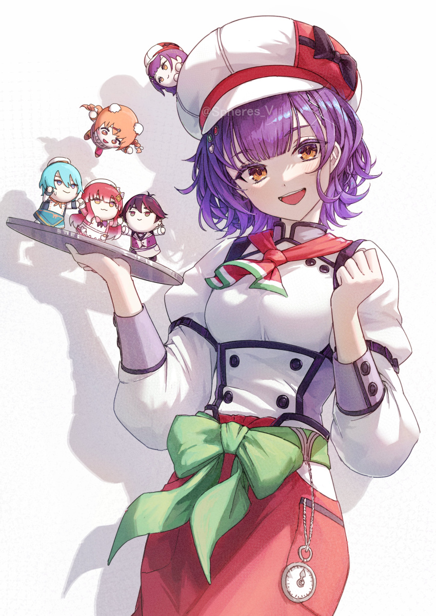 2boys, 3girls, :d, absurdres, armillarphere_v, artist_name, ascot, black_bow