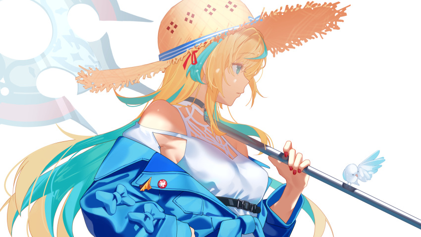 1girl, aqua_hair, arisaki_(cnxy7525), axe, badge, battle_axe, belt, belt_buckle