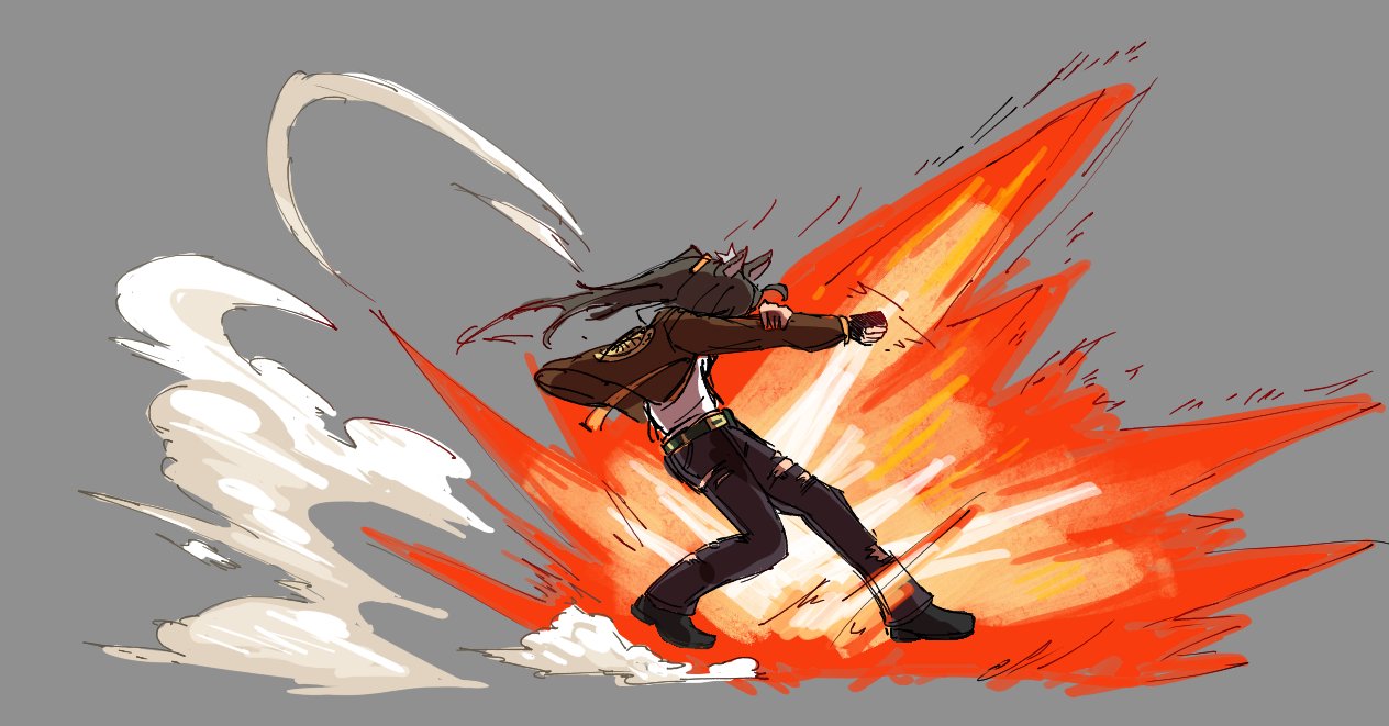 1girl, animal_ears, black_gloves, brown_jacket, buster_wolf, door_knob_(horse_race_tests), explosion, fatal_fury