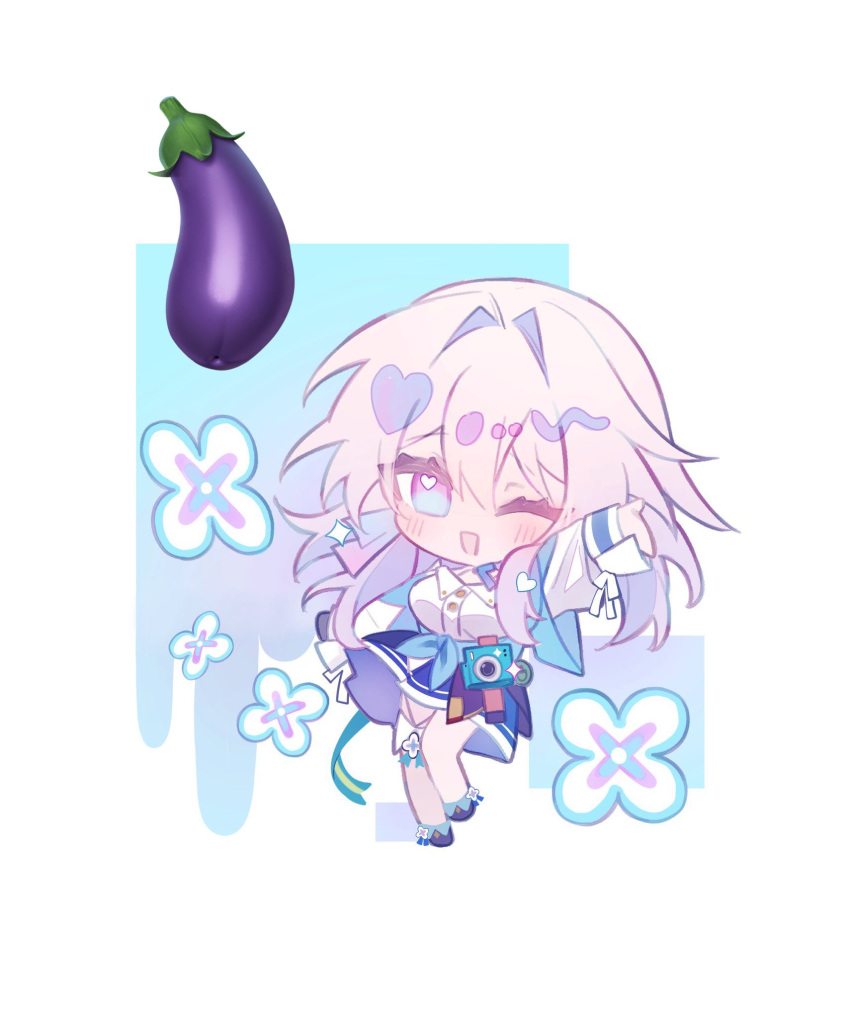 1girl, ankle_boots, black_boots, black_overskirt, blue_boots, blue_eyes, blue_jacket, blue_skirt, blush, boots, camera, chibi, commentary_request, earrings, eggplant, eggplant_emoji, emoji, flower, full_body, highres, honkai:_star_rail, honkai_(series), jacket, jewelry, long_sleeves, march_7th_(honkai:_star_rail), march_7th_(preservation)_(honkai:_star_rail), medium_hair, miniskirt, miss_itata, multicolored_boots, multicolored_eyes, one_eye_closed, open_mouth, overskirt, pink_eyes, pink_hair, shirt, single_earring, skirt, smile, solo, thigh_strap, tied_jacket, two-tone_boots, two-tone_eyes, underbust, white_shirt