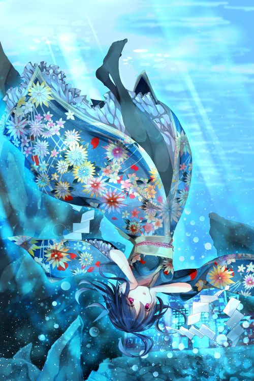 bad_id, blue_hair, bubble, flower, hand_on_cheek, hands_on_own_cheeks, hands_on_own_face, japanese_clothes