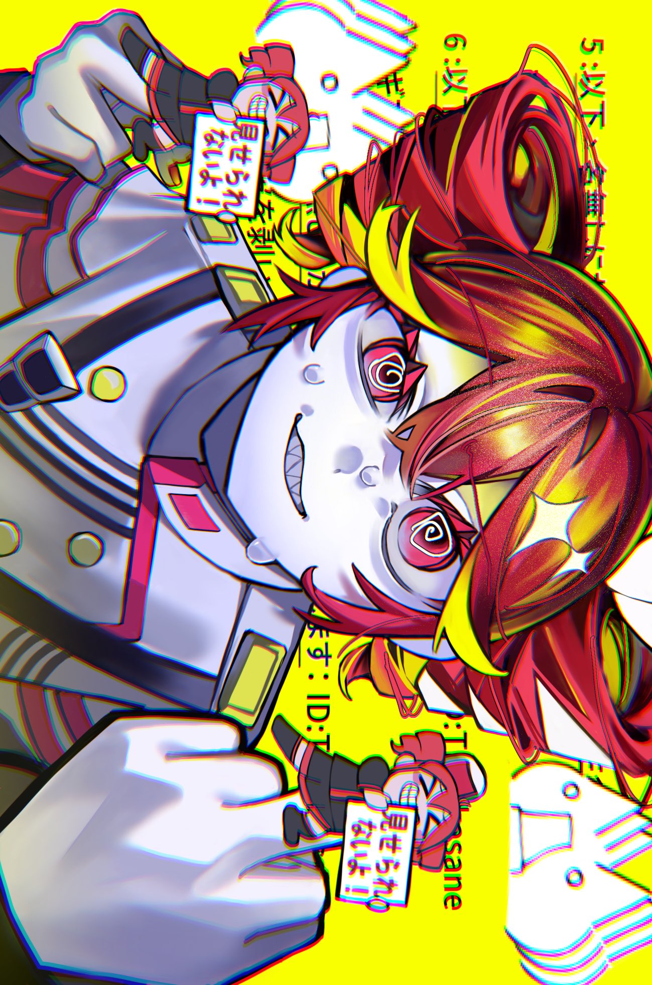 1girl, @_@, buttons, censored, character_censor, colored_eyelashes, double-breasted, drill_hair, fumble!_(synthesizer_v), grey_jacket, hair_between_eyes, hair_ribbon, highres, holding, holding_sign, jacket, kasane_teto, kasane_teto_(sv), kasane_teto_(utau), long_sleeves, looking_at_viewer, middle_finger, nikuta, novelty_censor, pale_skin, red_eyes, red_hair, ribbon, sharp_teeth, shoulder_belt, sideways, sign, simple_background, skirt, smile, solo, sweat, synthesizer_v, teeth, twin_drills, twintails, white_ribbon, yellow_background