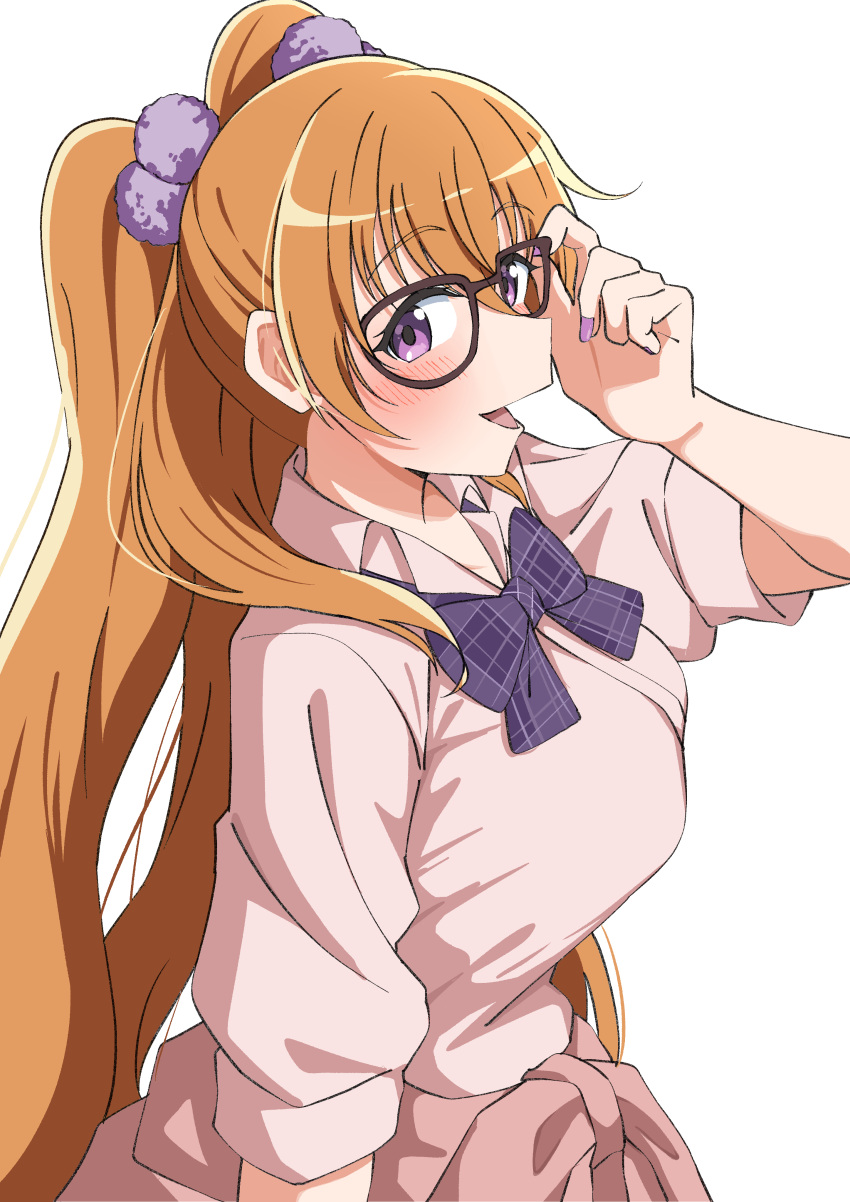 1girl, absurdres, bow, bowtie, breasts, brown_cardigan, brown_hair, cardigan, cardigan_around_waist, clothes_around_waist, collarbone, collared_shirt, commentary, dress_shirt, glasses, gyaru, gyarugasaki, hair_bobbles, hair_ornament, highres, kogal, konoe_kanata, large_breasts, long_hair, looking_at_viewer, love_live!, love_live!_nijigasaki_high_school_idol_club, official_alternate_costume, open_mouth, pink_shirt, plaid_bow, plaid_bowtie, plaid_clothes, purple_bow, purple_bowtie, school_uniform, shirt, short_sleeves, simple_background, solo, twintails, uchuu_no_mozuku, very_long_hair, violet_eyes, white_background