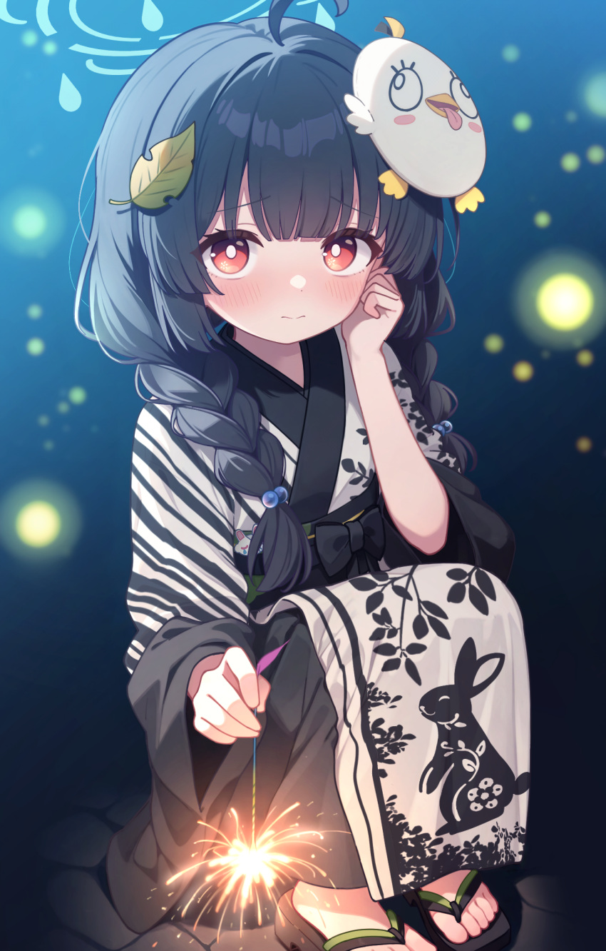 1girl, alternate_costume, alternate_hairstyle, animal_print, black_hair, black_kimono, black_sandals, black_sash
