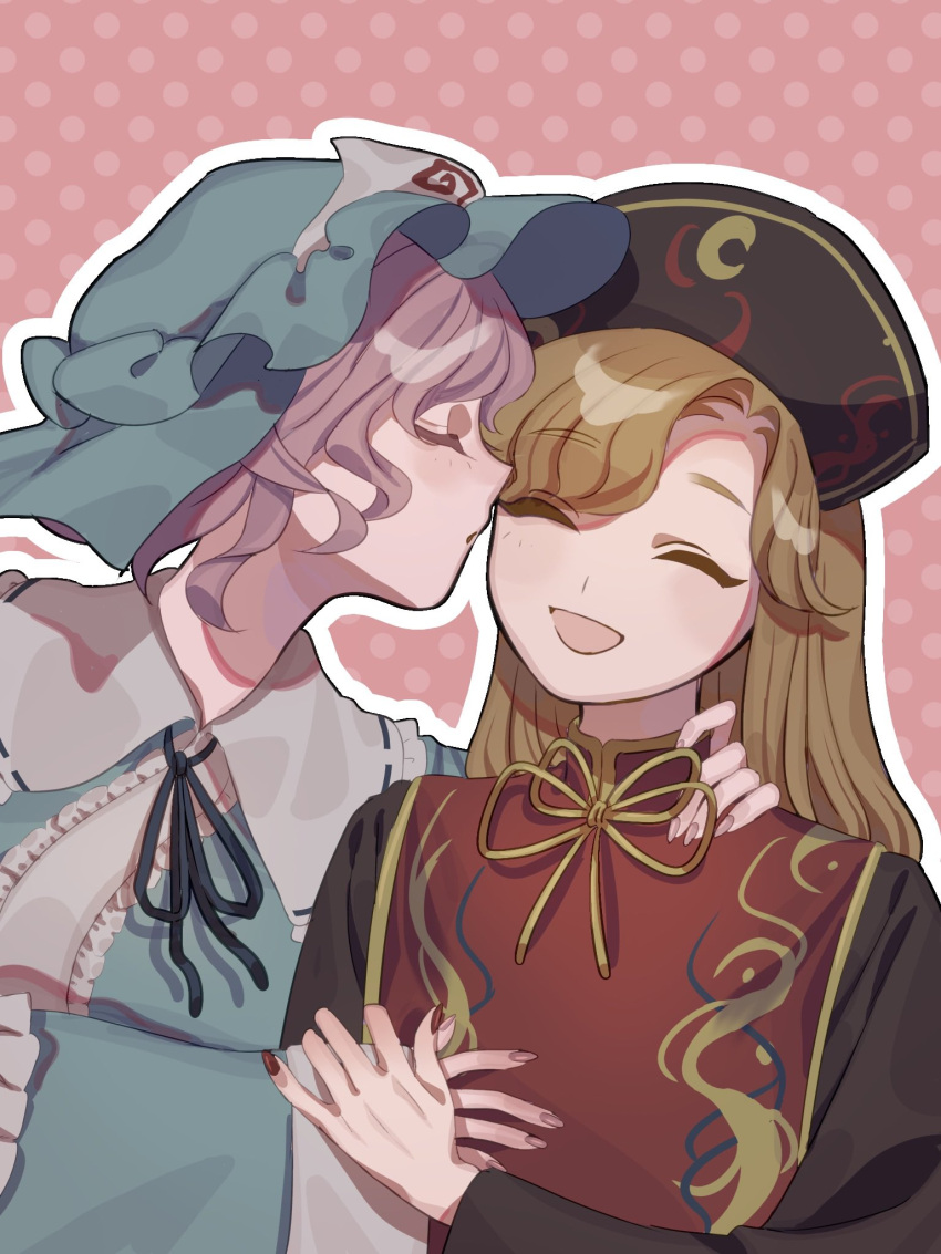 2girls, black_dress, black_hat, black_ribbon, blonde_hair, blue_hat, blue_kimono, blush, chinese_clothes, closed_eyes, collared_kimono, commission, crescent, crescent_print, dalachi_(headdress), dress, english_commentary, english_text, fingernails, frills, hand_around_neck, hat, highres, japanese_clothes, junko_(touhou), kimono, kiss, kissing_cheek, konoha217, long_fingernails, long_hair, mandarin_collar, mob_cap, multiple_girls, nail_polish, neck_ribbon, open_mouth, pink_background, pink_hair, polka_dot, polka_dot_background, red_nails, red_tabard, ribbon, saigyouji_yuyuko, short_hair, smile, tabard, touhou, triangular_headpiece, upper_body, veil, wing_collar, yellow_ribbon, yuri