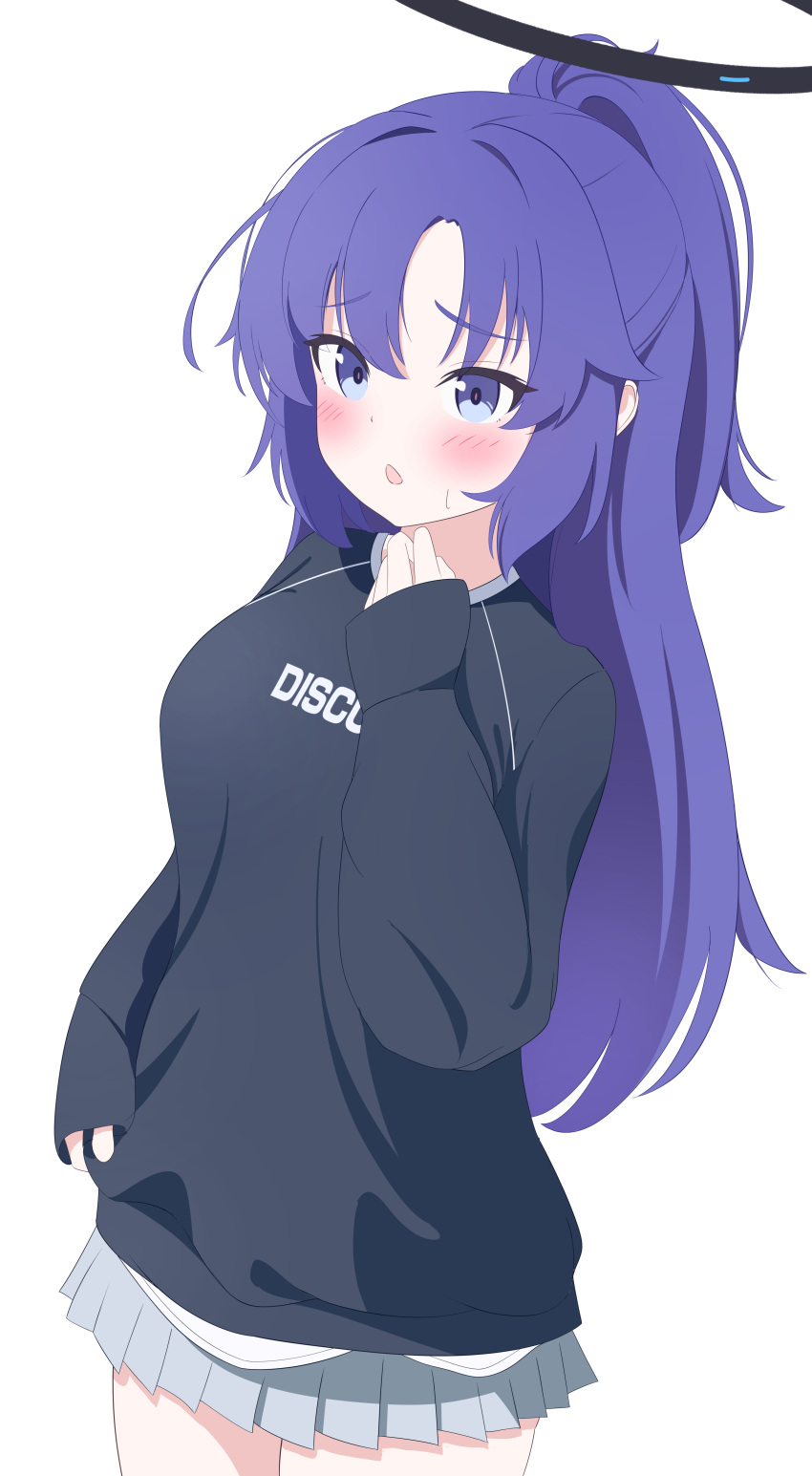1girl, absurdres, alternate_costume, alternate_hairstyle, black_sweater, blue_archive, blush, clothes_writing