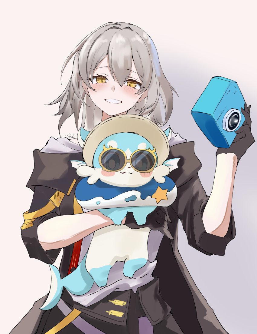 1girl, 1other, absurdres, animal, black_gloves, black_jacket, bubbles_(honkai:_star_rail), camera