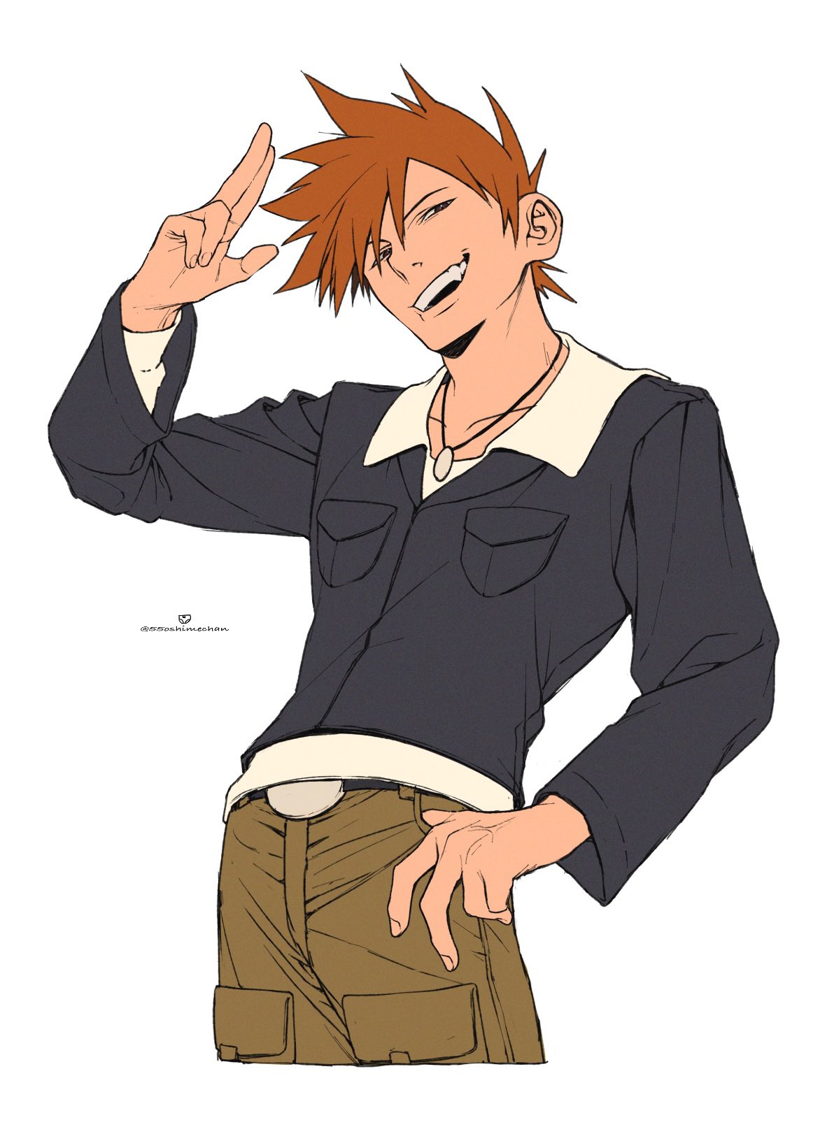 1boy, 55oshimechan, :d, belt, belt_buckle, blue_oak, brown_eyes, brown_hair
