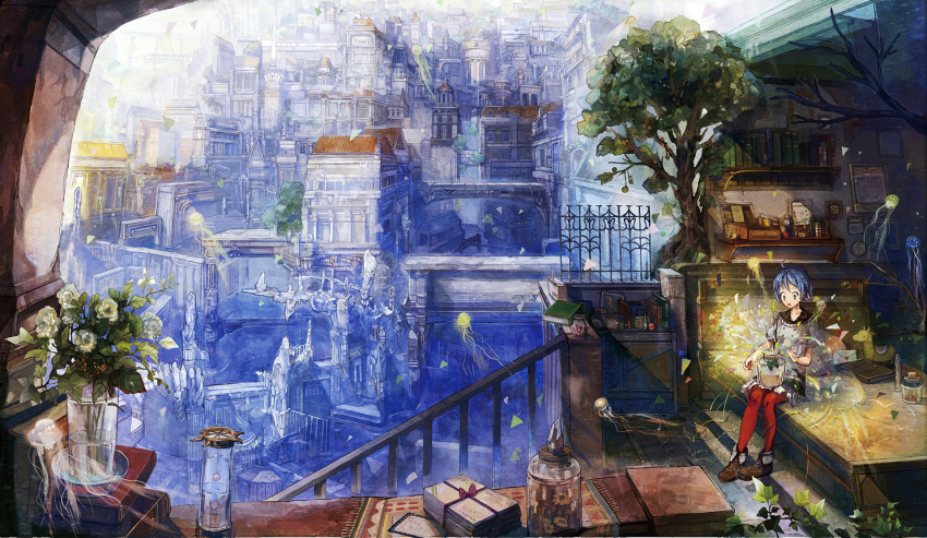 blue_eyes, blue_hair, cityscape, fantasy, flower, jar, jellyfish, neyagi, original, pantyhose, red_legwear, red_pantyhose, scenery, short_hair, sitting, solo, surprised, surreal, tree