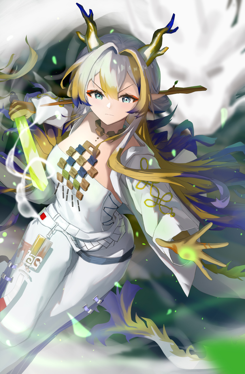 1girl, absurdres, arknights, blonde_hair, blue_eyes, breasts, closed_mouth, detached_sleeves, dragon, dragon_girl, dragon_horns, dragon_tail, dress, earrings, eastern_dragon, gloves, highres, holding, holding_sword, holding_weapon, horns, jewelry, long_hair, multicolored_hair, necklace, serious, shirobako_srbk, shu_(arknights), smoke, solo, sword, tail, two-tone_hair, weapon, white_dress, white_hair, yellow_gloves