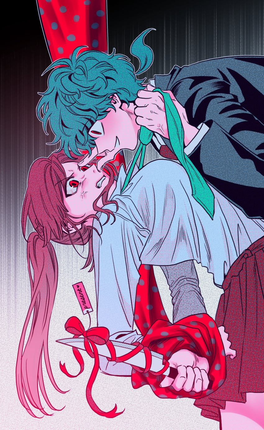 1boy, 1girl, alternate_eye_color, anger_vein, angry, aqua_necktie, black_jacket, blazer