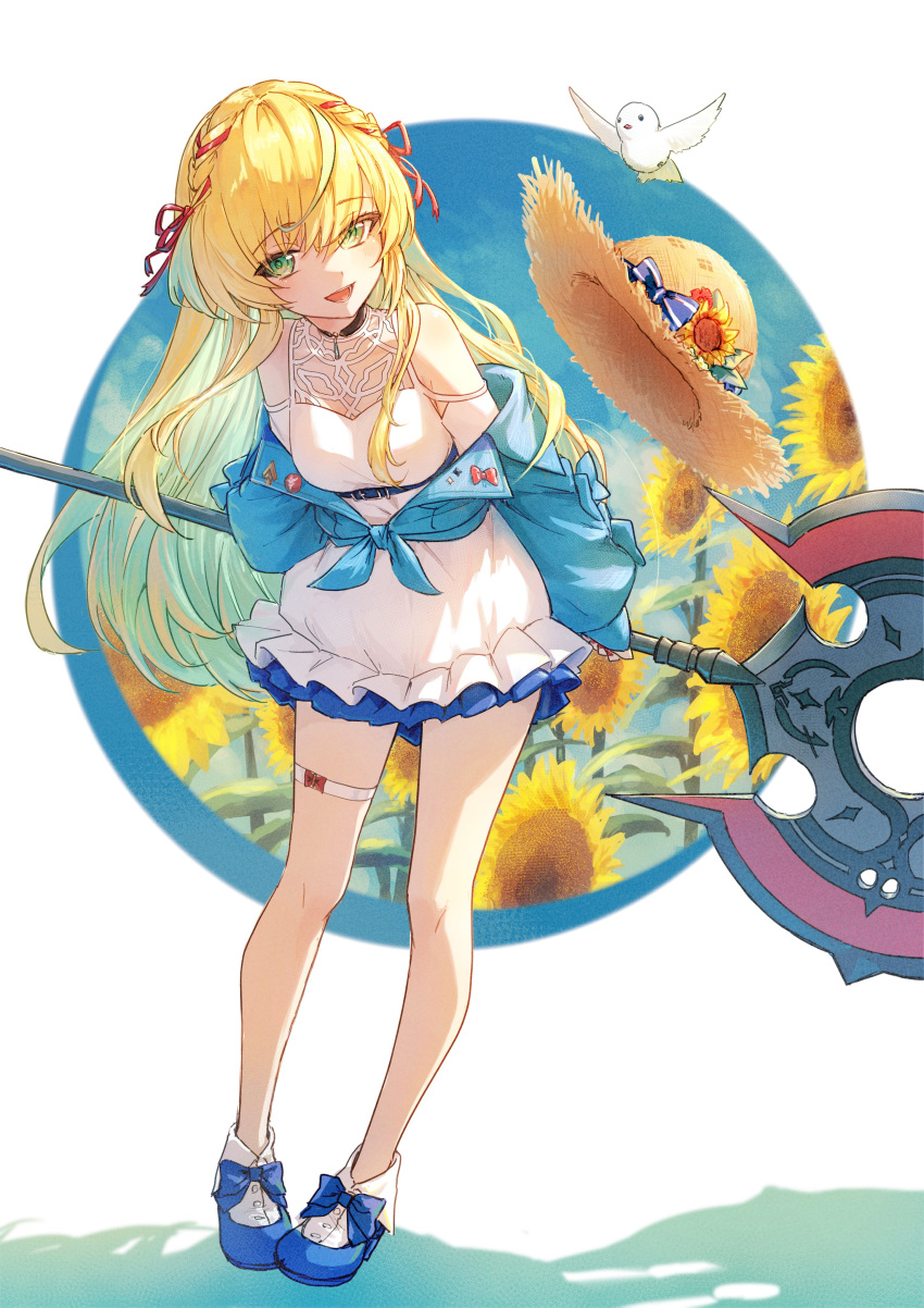 1girl, :d, absurdres, aqua_hair, armillarphere_v, arms_behind_back, axe, badge
