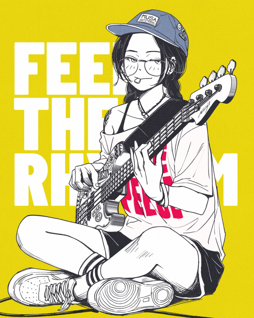 1girl, artist_name, baseball_cap, bass_guitar, blue_hat, bra_strap, cable, closed_mouth