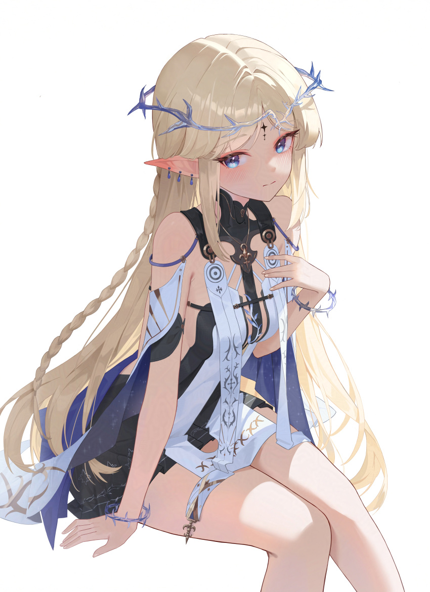 1girl, absurdres, bare_shoulders, black_collar, black_dress, blonde_hair, blue_eyes, breasts