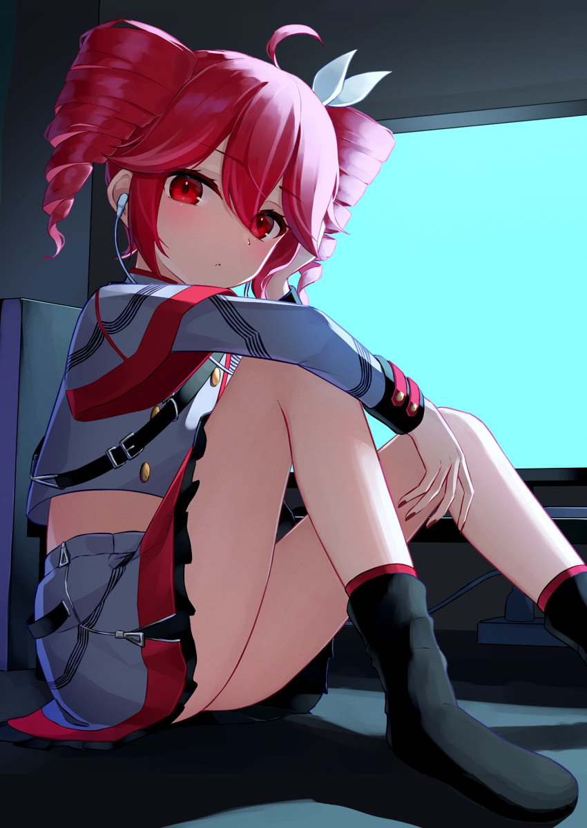 absurdres, ahoge, belt, black_belt, black_skirt, black_sleeve_cuffs, black_socks, blue_screen_of_death