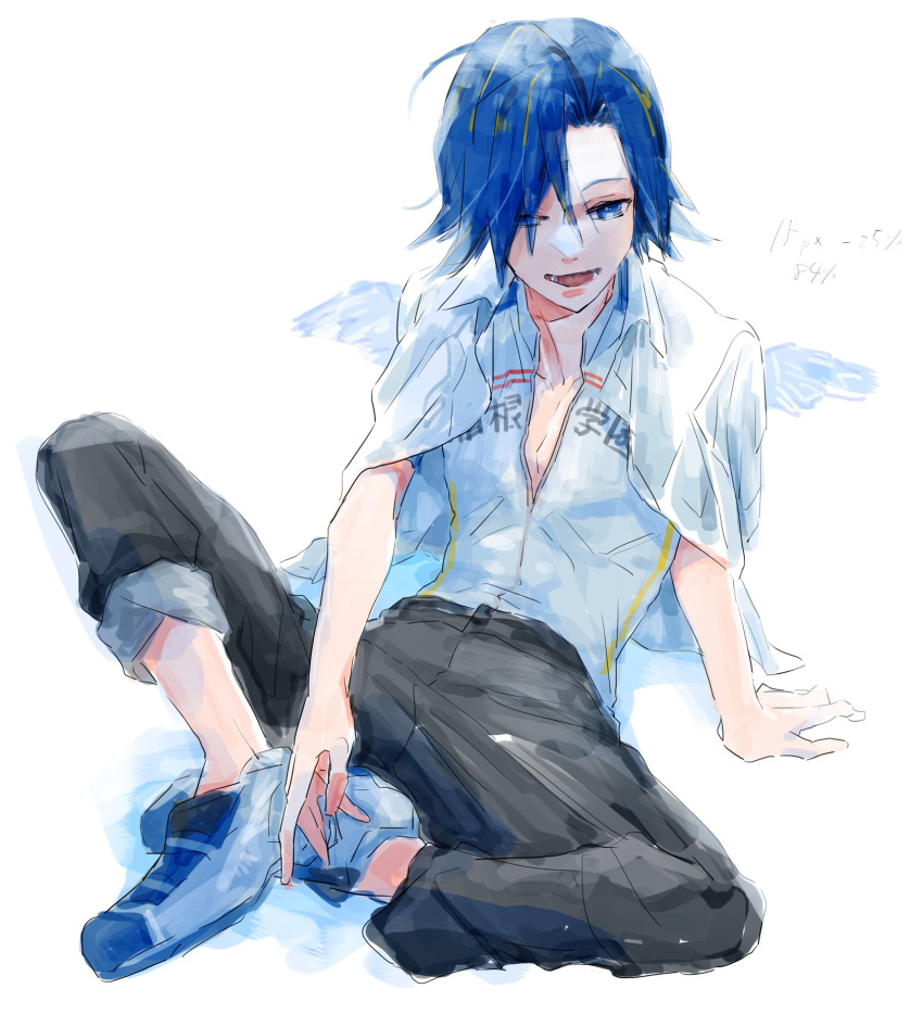 1boy, ahoge, angel_wings, arm_support, black_pants, blue_eyes, blue_hair, commentary
