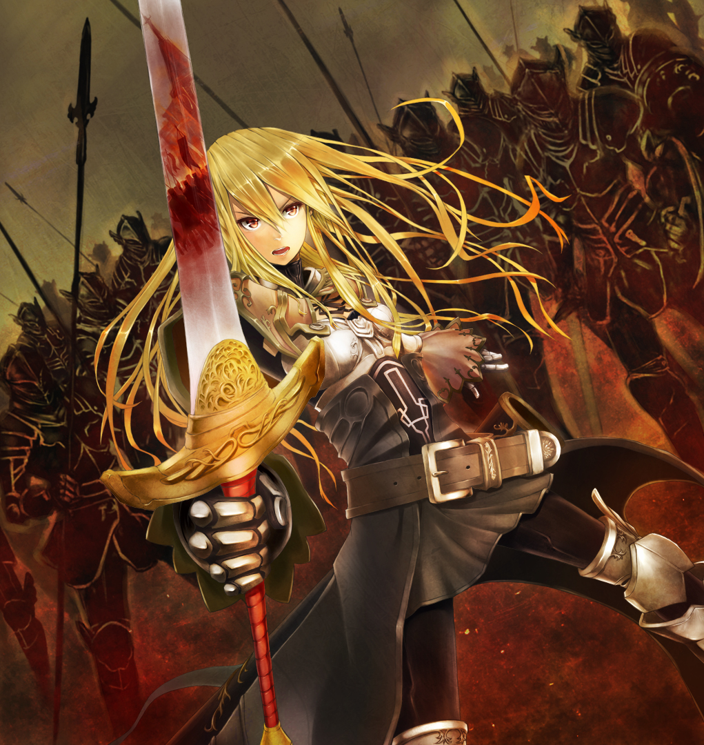 army, belt, blonde_hair, dutch_angle, gauntlets, long_hair, niou_kaoru, open_mouth