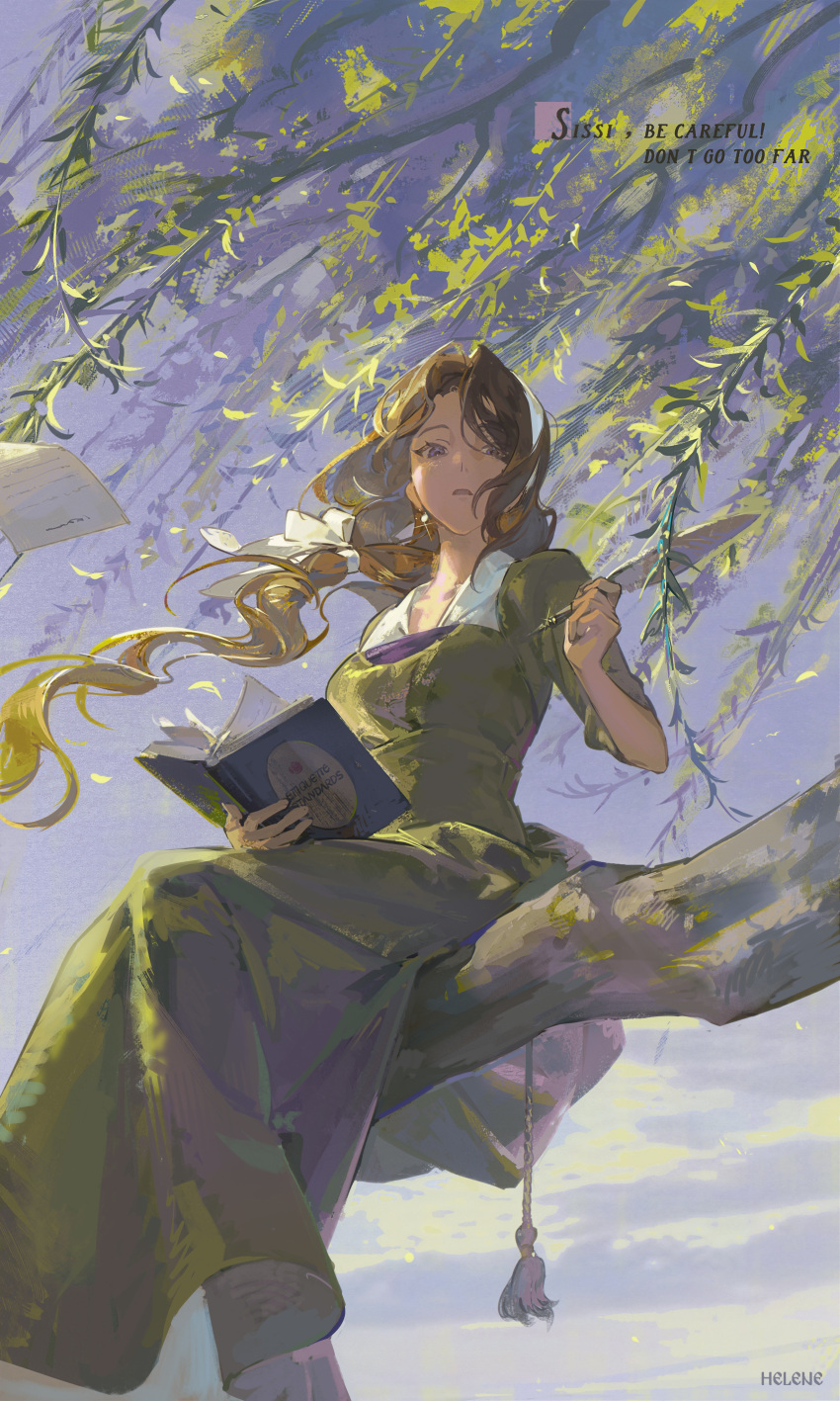 1girl, absurdres, book, brown_hair, character_name, commentary_request, dress, earrings