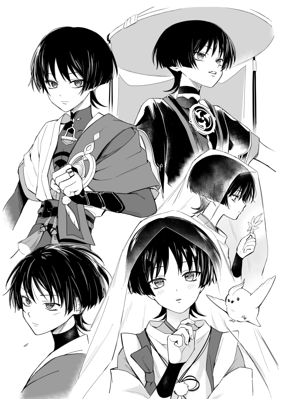 3boys, arm_at_side, armor, belt, bird, blunt_ends, bodysuit, bow