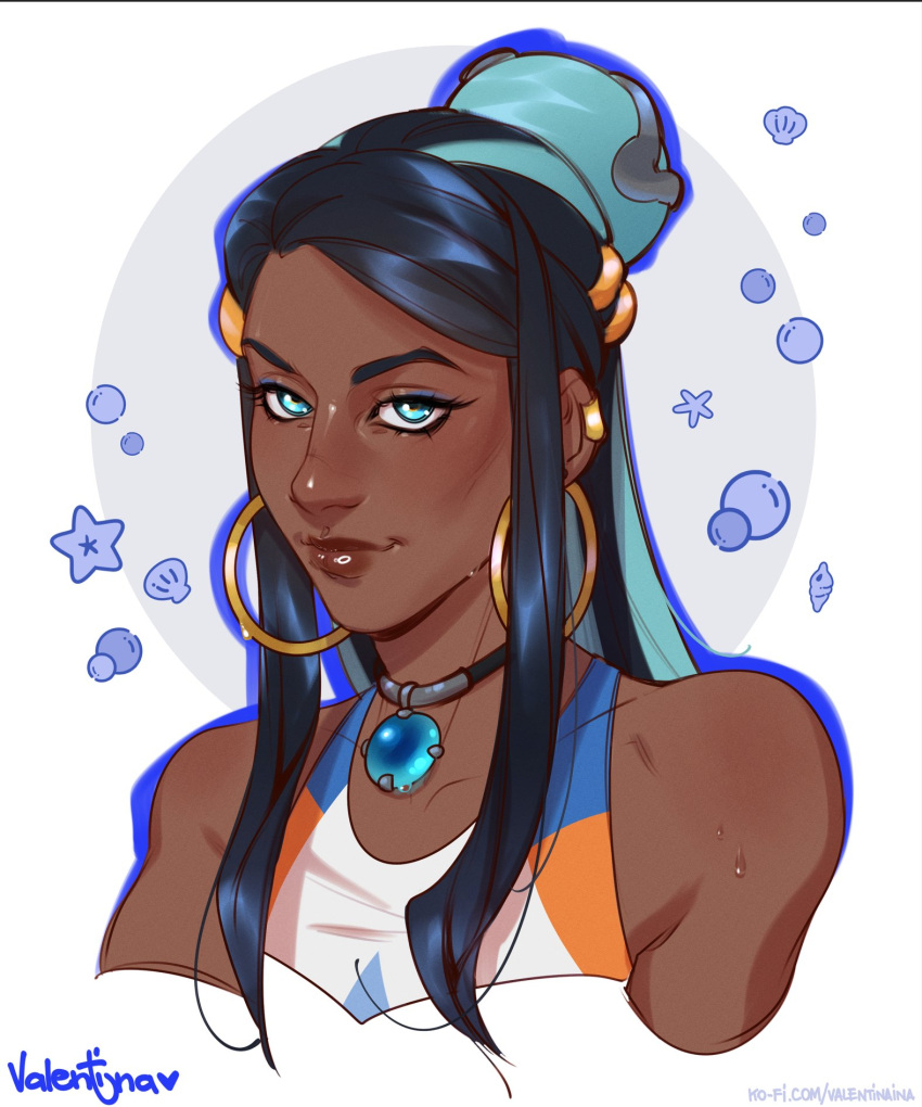 1girl, artist_name, black_hair, blue_eyes, collar, dark-skinned_female, dark_skin, earrings