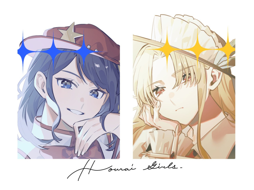 2girls, blonde_hair, blue_eyes, bow, bowtie, brown_hat, brown_vest, cabbie_hat