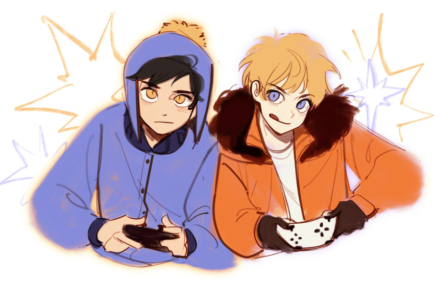 2boys, black_gloves, black_hair, blonde_hair, blue_eyes, blue_hat, blue_jacket, buttons