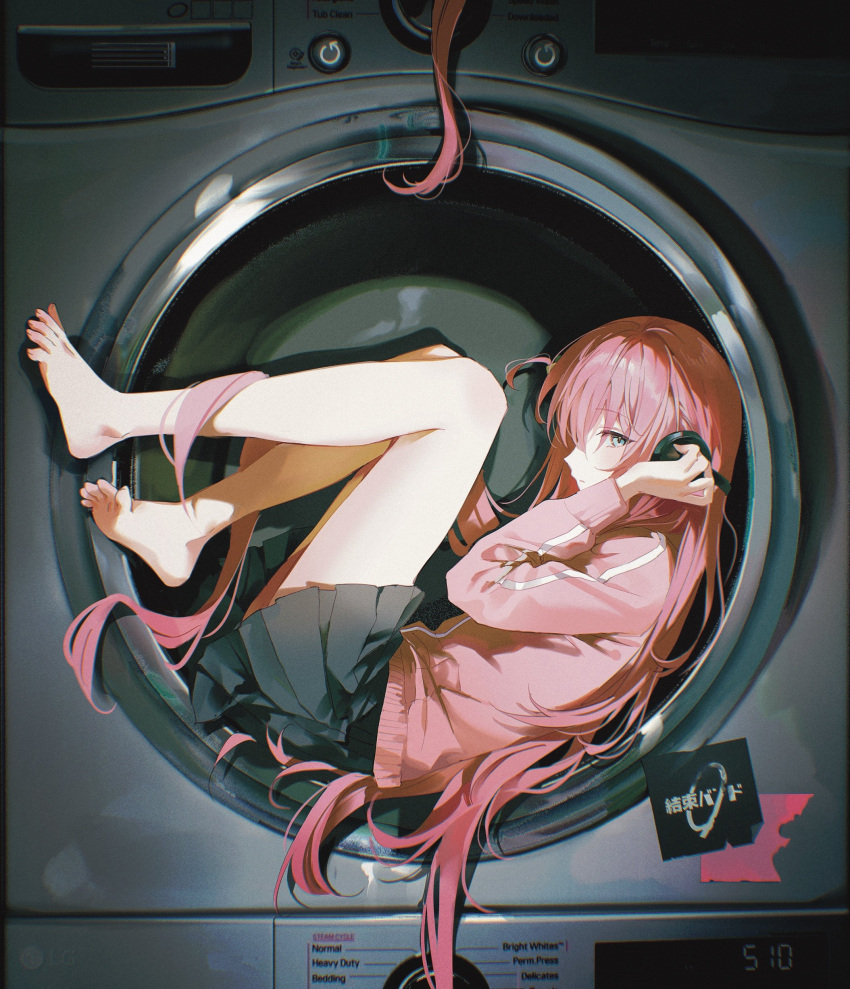 1girl, absurdres, bare_legs, barefoot, bocchi_the_rock!, chromatic_aberration, closed_mouth, commentary, cube_hair_ornament, english_commentary, english_text, feet, gotoh_hitori, grey_skirt, hair_ornament, hand_up, headphones, highres, in_washing_machine, jacket, kessoku_band_logo, knees_up, legs, long_hair, long_sleeves, lying, on_back, one_side_up, pink_hair, pink_jacket, pleated_skirt, pong_(pong_o0), skirt, solo, thighs, tileable, toenails, toes, track_jacket, very_long_hair, washing_machine