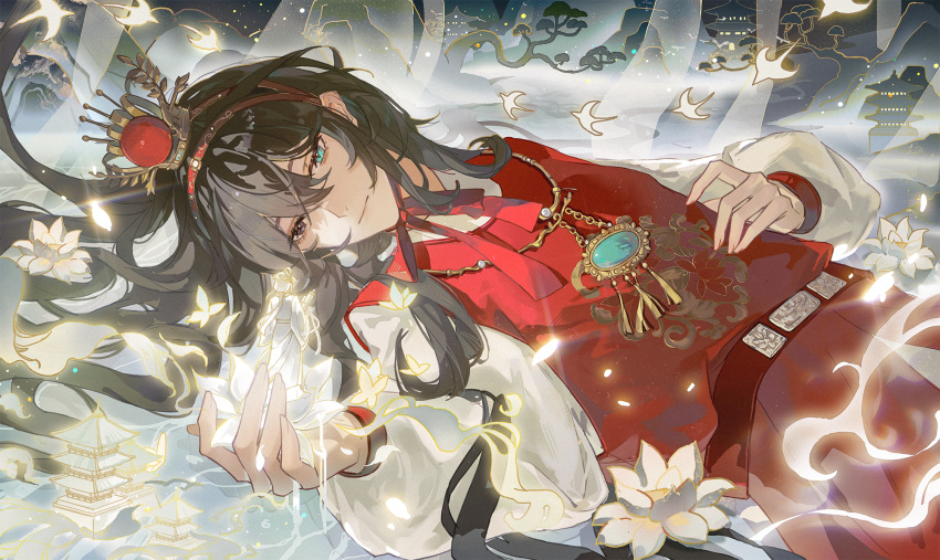 1boy, aqua_eyes, aqua_gemstone, architecture, belt, black_eyes, black_hair, bow