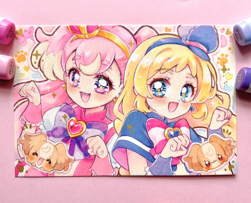 2girls, :d, art_tools_in_frame, blonde_hair, blue_capelet, blue_eyes, bow, bowtie