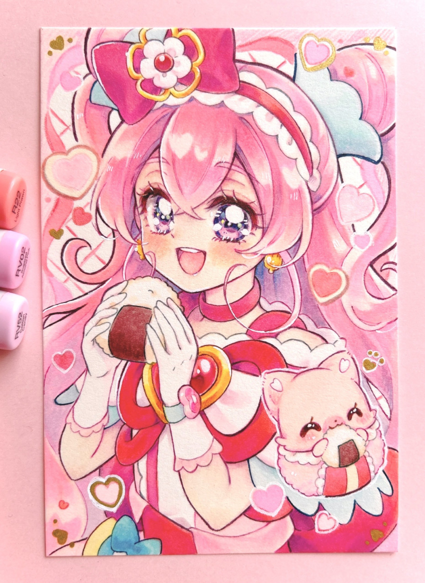 1girl, :d, absurdres, art_tools_in_frame, bow_hairband, bracelet, choker, crossed_bangs