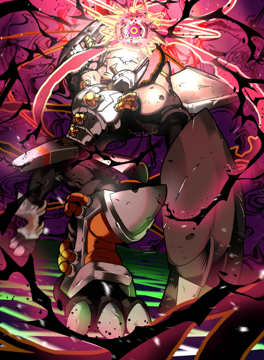 absurdres, arm_up, armor, black_armor, black_scales, black_skin, blackwargreymon, blonde_hair