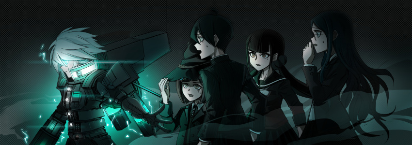 2boys, 3girls, ahoge, android, armor, black_hair, black_jacket, black_sailor_collar, blue_eyes, blunt_bangs, bow, bowtie, brown_hair, collared_shirt, danganronpa_(series), danganronpa_v3:_killing_harmony, from_side, glasses, glowing, glowing_eyes, green_theme, hair_between_eyes, hair_ornament, hair_scrunchie, harukawa_maki, hat, highres, hungeronion, jacket, jetpack, k1-b0, long_hair, long_sleeves, low_twintails, mole, mole_under_eye, multiple_boys, multiple_girls, open_mouth, pants, pleated_skirt, power_armor, profile, red_eyes, red_hair, red_shirt, robot_ears, saihara_shuichi, sailor_collar, scared, school_uniform, scrunchie, shirogane_tsumugi, shirt, short_hair, skirt, spoilers, sweat, twintails, upper_body, very_long_hair, white_bow, white_bowtie, white_hair, witch_hat, yumeno_himiko