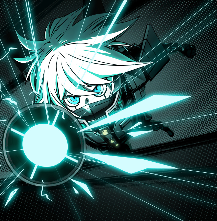 1boy, android, armor, blue_eyes, commentary_request, danganronpa_(series), danganronpa_v3:_killing_harmony, dynamic_pose
