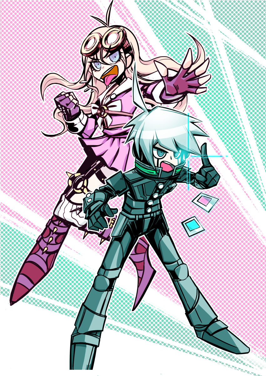 1boy, 1girl, absurdres, ahoge, android, antenna_hair, armor, belt, blonde_hair, blue_eyes, breasts, choker, clenched_hand, commentary_request, danganronpa_(series), danganronpa_v3:_killing_harmony, eyelashes, fingerless_gloves, foreshortening, full_body, gloves, goggles, goggles_on_head, grey_hair, hair_between_eyes, highres, hungeronion, iruma_miu, jacket, joints, k1-b0, long_hair, long_sleeves, multiple_belts, o-ring, o-ring_belt, open_mouth, outline, pants, pink_shirt, power_armor, robot_ears, robot_joints, school_uniform, shirt, short_hair, skirt, teeth, tongue, tongue_out, toon_(style), white_outline