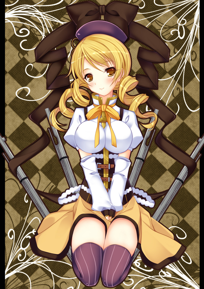 absurdres, argyle, argyle_background, beret, between_legs, blonde_hair, bow, breast_squeeze