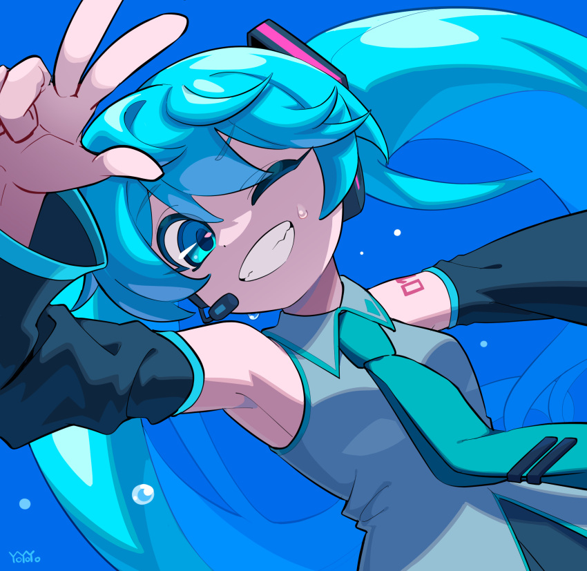 1girl, aqua_eyes, aqua_hair, aqua_necktie, aqua_trim, armpits, bare_shoulders, black_sleeves, blue_background, collared_shirt, detached_sleeves, floating_headgear, grey_shirt, hatsune_miku, headgear, headset, highres, long_hair, long_sleeves, looking_at_viewer, necktie, number_tattoo, one_eye_closed, shirt, shoulder_tattoo, simple_background, sleeveless, sleeveless_shirt, solo, tattoo, teeth, tie_clip, toyogaippai, twintails, upper_body, very_long_hair, vocaloid, w