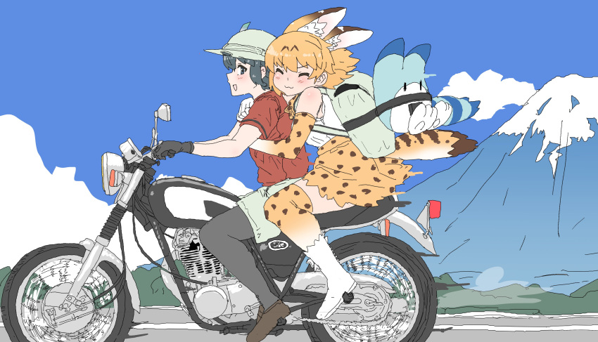 2girls, :3, absurdres, animal_ears, animal_print, backpack, bag, bare_shoulders