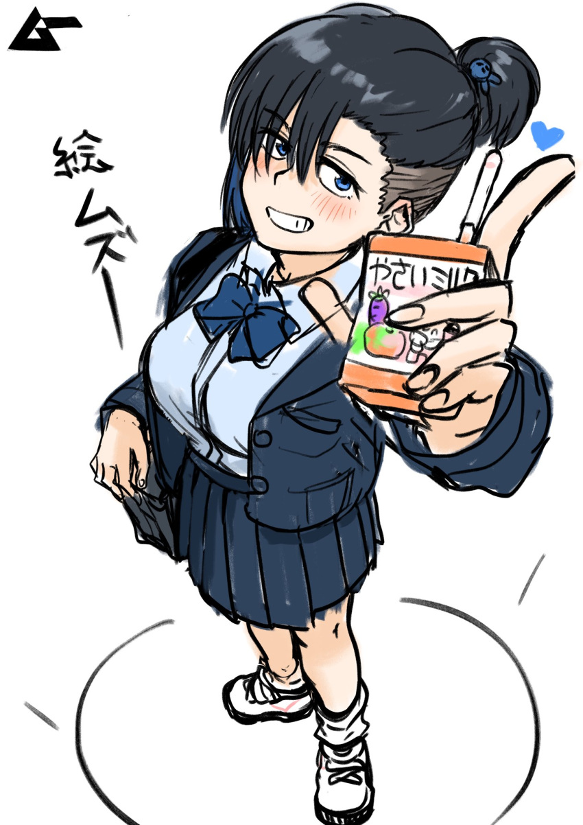 1girl, aotogi_kuroa_(kaju_4), asymmetrical_bangs, bag, black_hair, blue_bow, blue_bowtie, blue_eyes